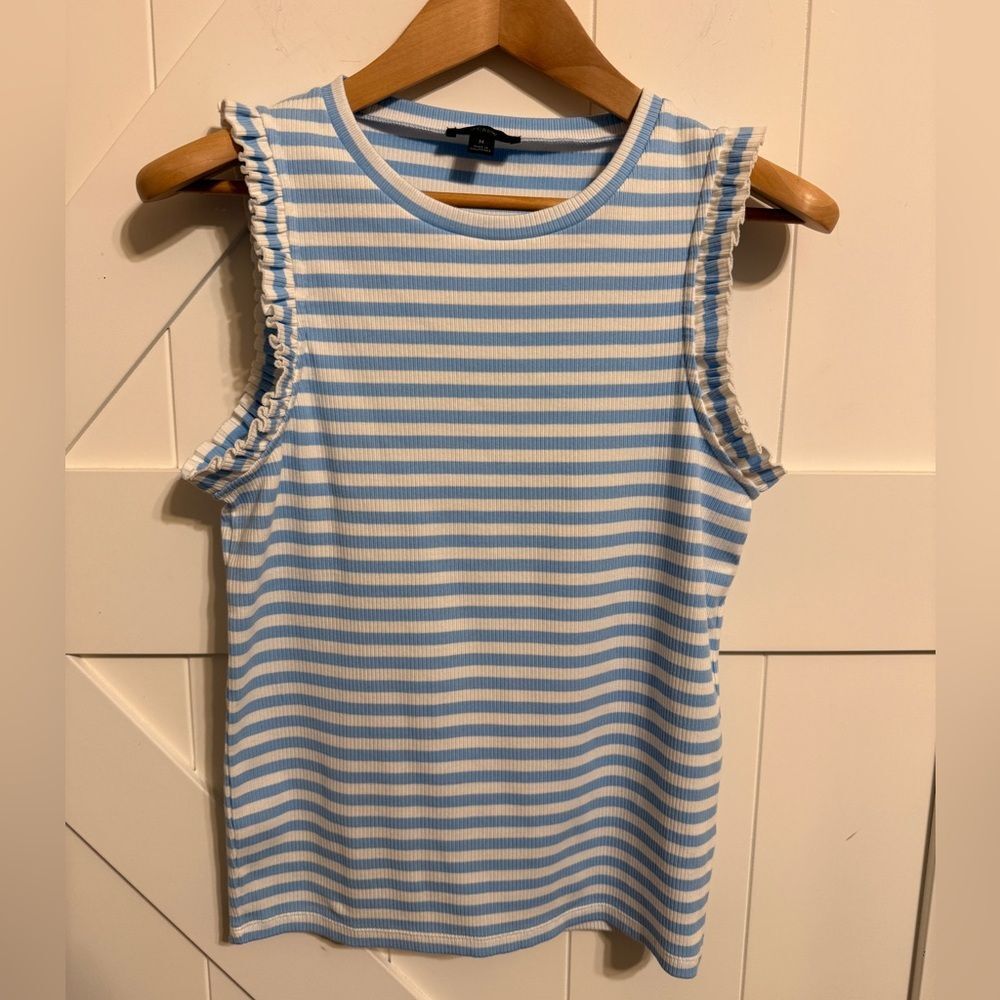 J. Crew Blue and White Striped Ruffle Tank Women’s Medium Coastal Casual